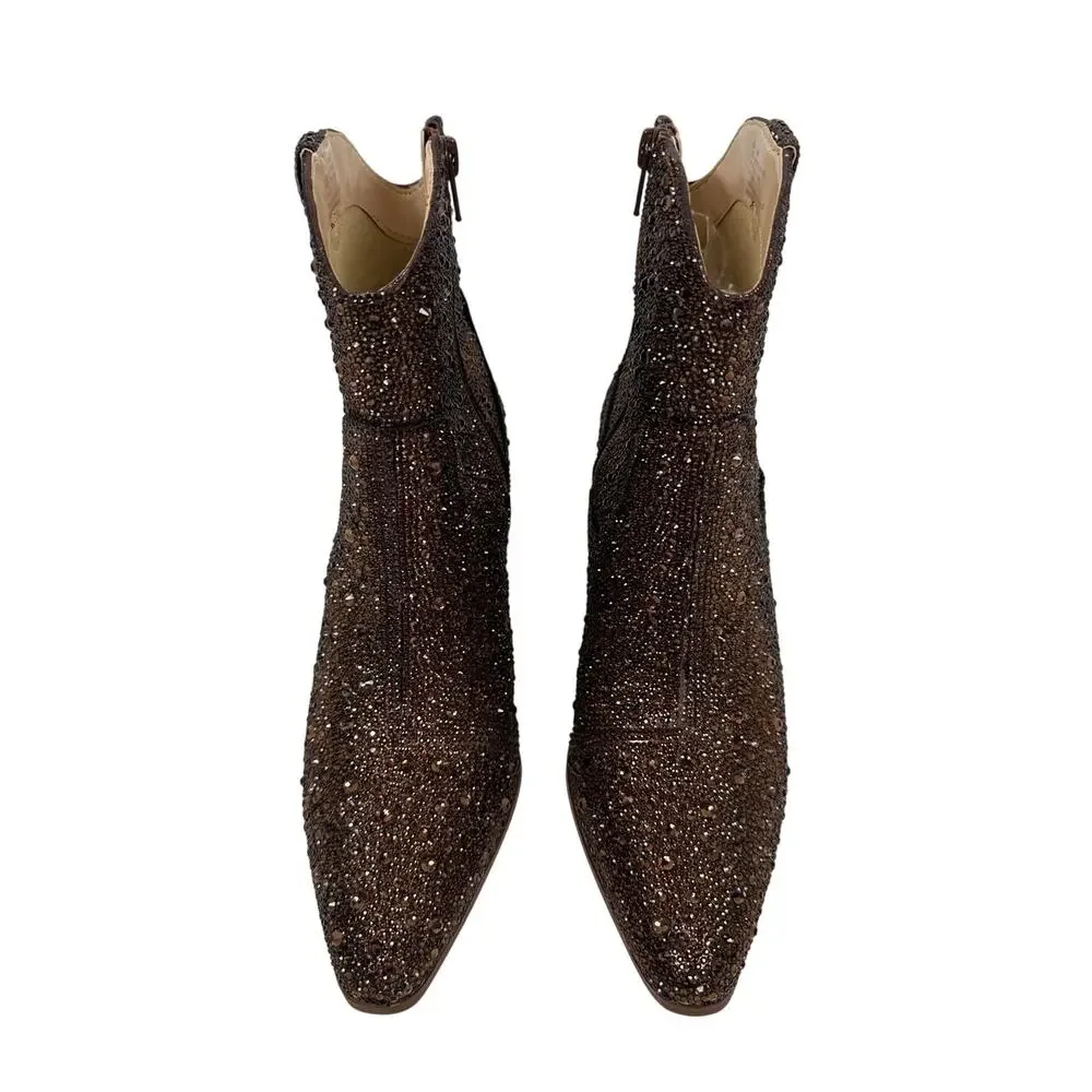 Betsey Johnson Western Boots Diva Womens 8 Shiny Brown Rhinestones Pointed Toe